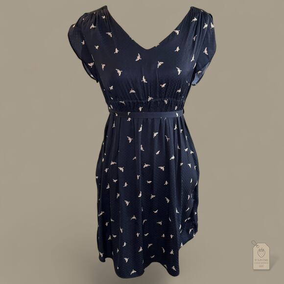 H&M Mama Navy Bird Print Dress | Flutter Sleeve Belted V-Neck | Maternity Small - Picture 1 of 9